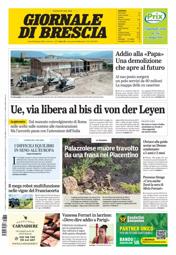 Prima-pagina-giornale di brescia-oggi-edizione-del-2024-06-28